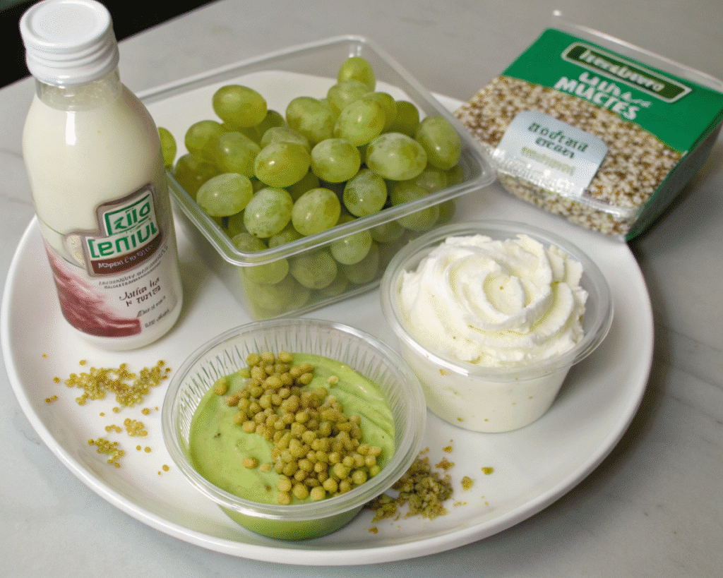 Ingredients for pistachio pudding with grapes, milk, and toppings arranged on a plate.