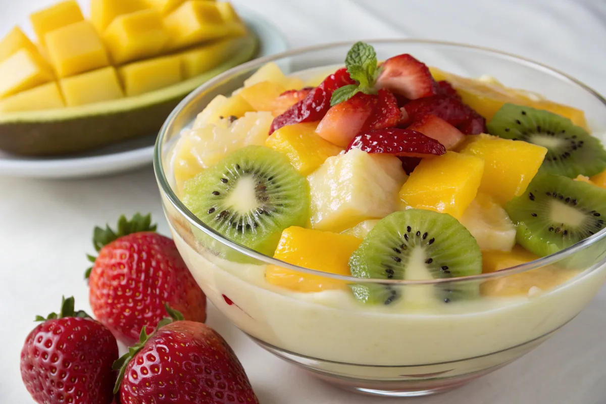 A bowl of Nata Fruit Pudding topped with fresh kiwi, mango, pineapple, and strawberries, with a background of sliced mango.