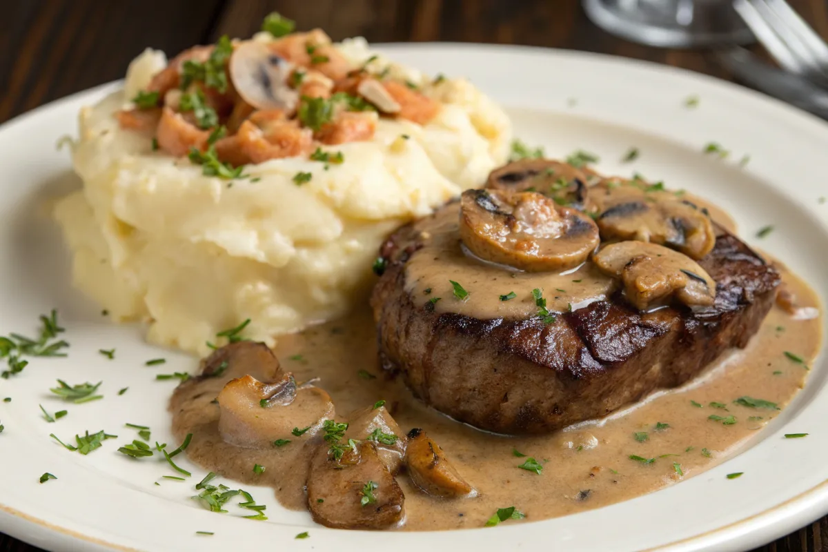 Grilled steak with mushroom gravy served alongside mashed potatoes garnished with parsley.