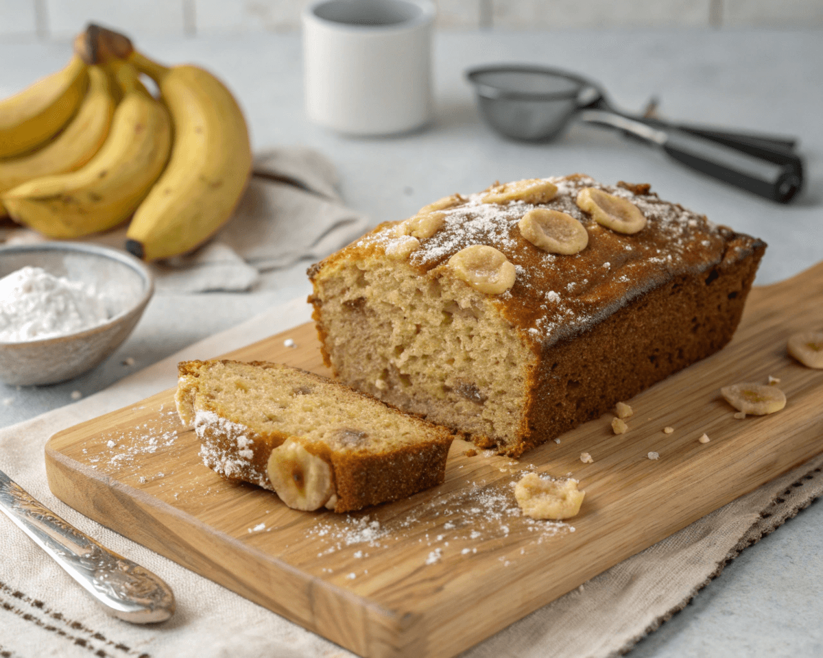 Sliced banana bread loaf with banana slices on top, served on a wooden cutting board.
