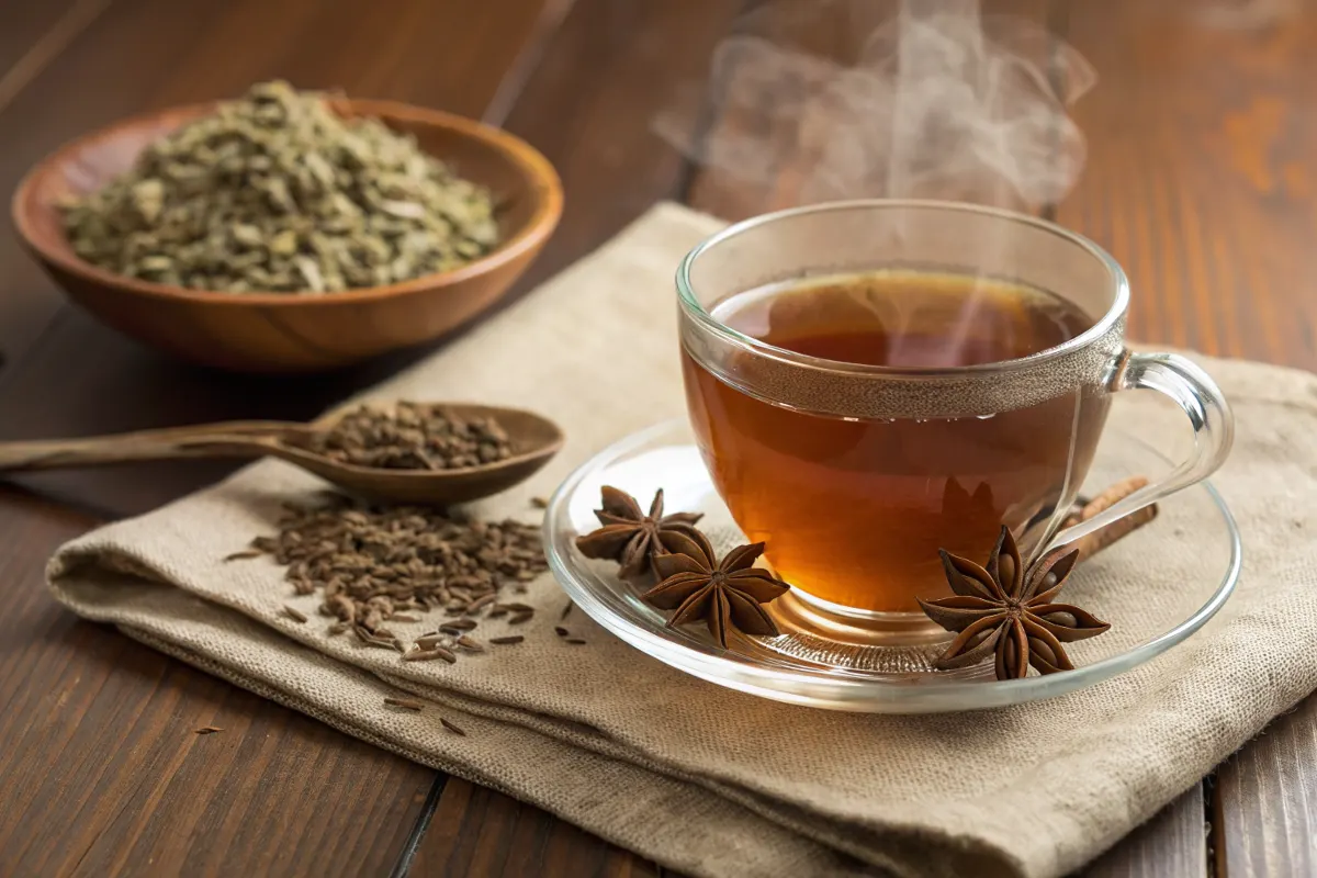 A steaming cup of Anise Tea with star anise and anise seeds on a rustic wooden table.