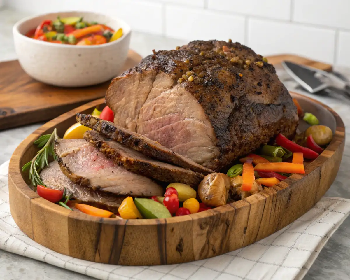 Beef Shoulder Roast served with colorful vegetables.