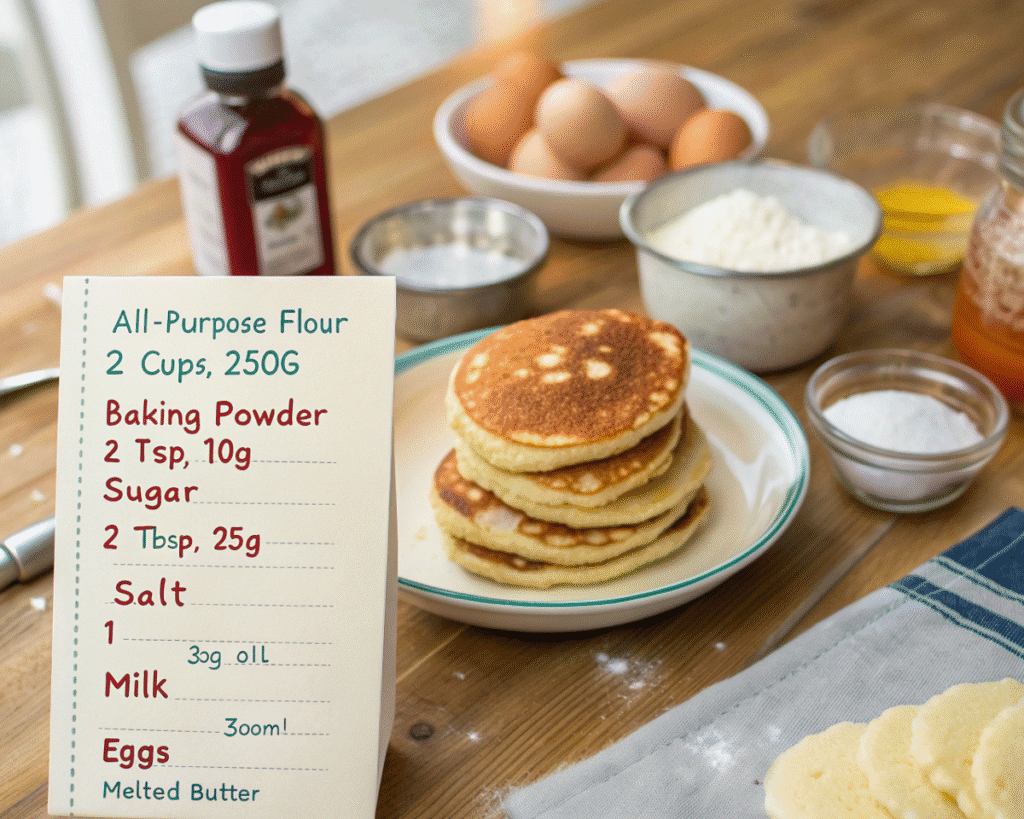 A recipe card with pancake ingredients next to a stack of fluffy pancakes and various ingredients like eggs and milk.