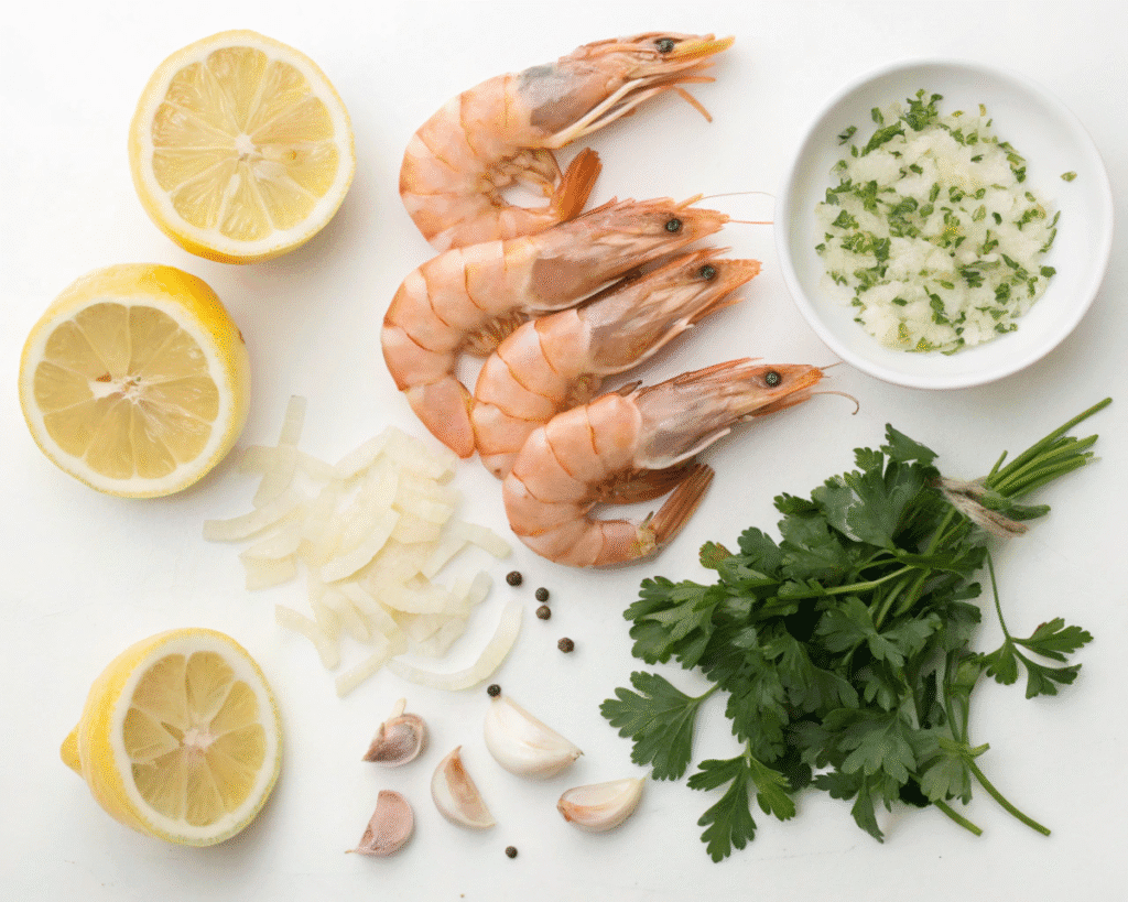 Ingredients for shrimp scampi, including shrimp, lemon, garlic, onion, parsley, and seasonings.