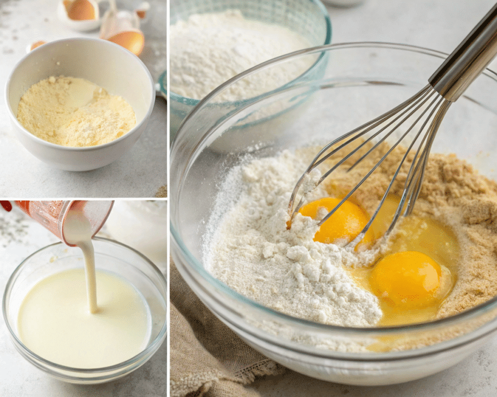 Ingredients for fluffy pancakes being mixed, including flour, eggs, and milk.
