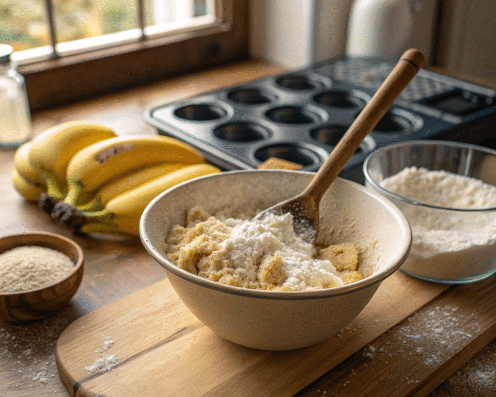 Mixing sugar and flour in a bowl with a wooden spoon, with bananas and muffin tray in the background.