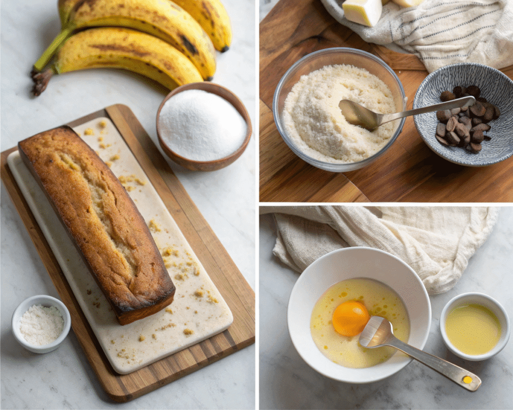 Collage showing ingredients for banana bread, a loaf of banana bread, and an egg mixture in preparation.