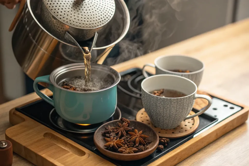 Pouring hot water through a strainer into cups of tea with star anise on a wooden tray.