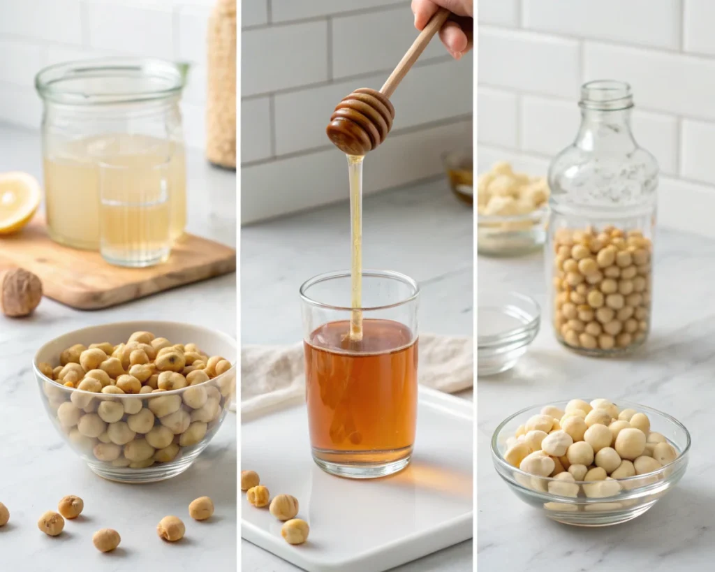 Preparing Lotus Seed Honey Drink with lotus seeds, honey being drizzled, and a jar of lotus seeds.