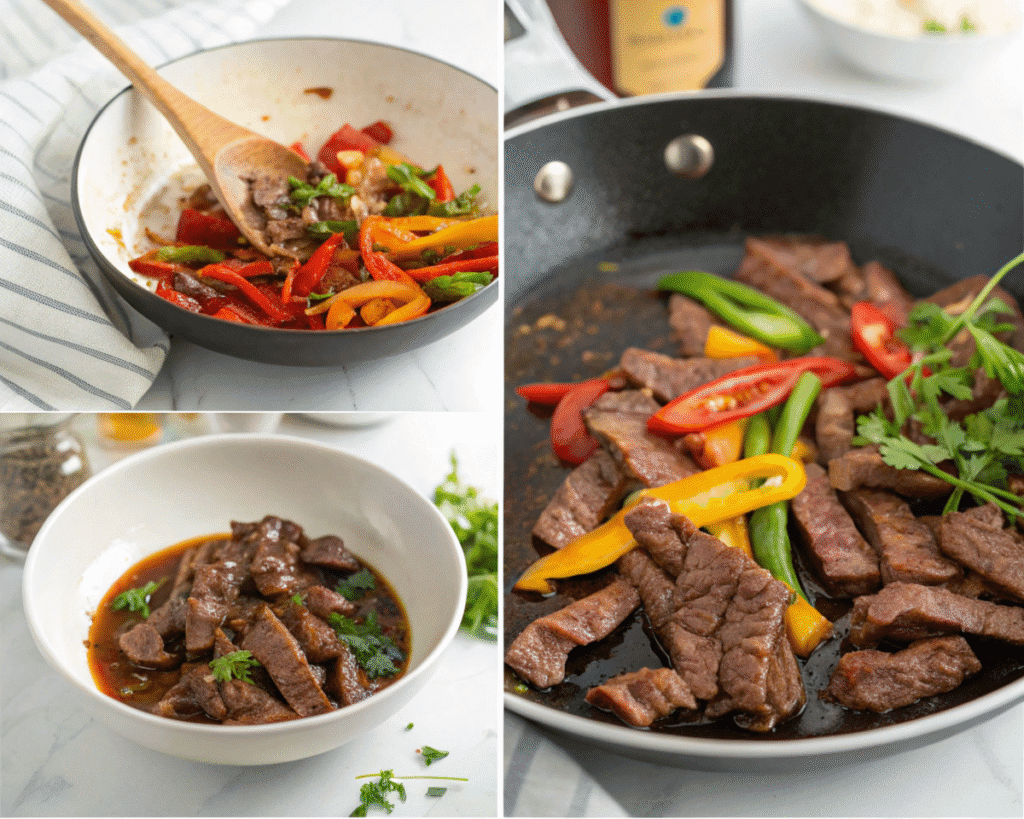 Step-by-step images of cooking pepper steak with beef and colorful peppers