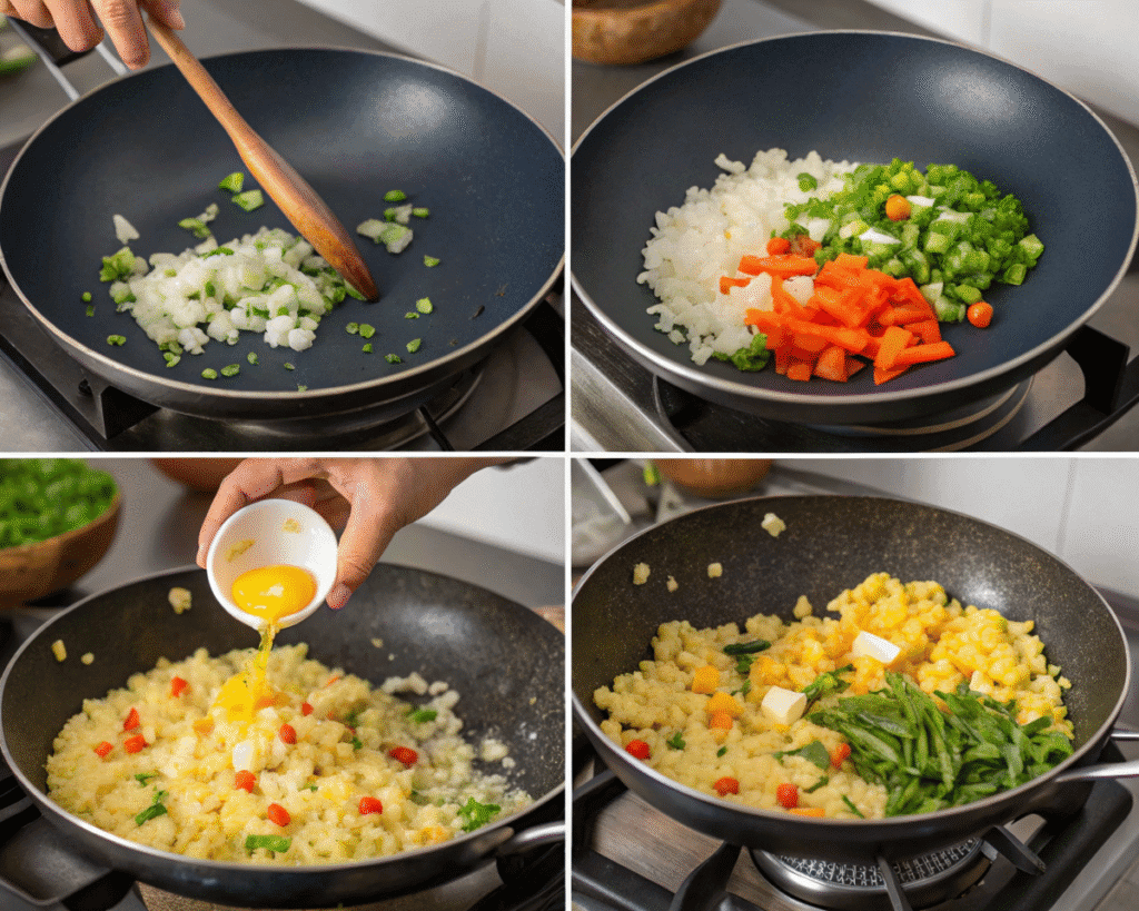 Step-by-step cooking process for Anjappar Egg Fried Rice, showing onions, vegetables, and eggs being sautéed in a pan.