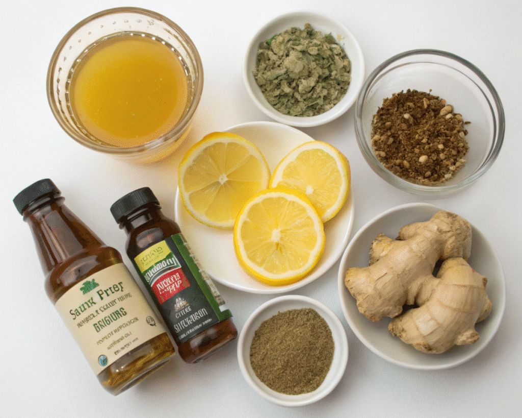 Ingredients for a natural drink including lemon, ginger, honey, and herbs.