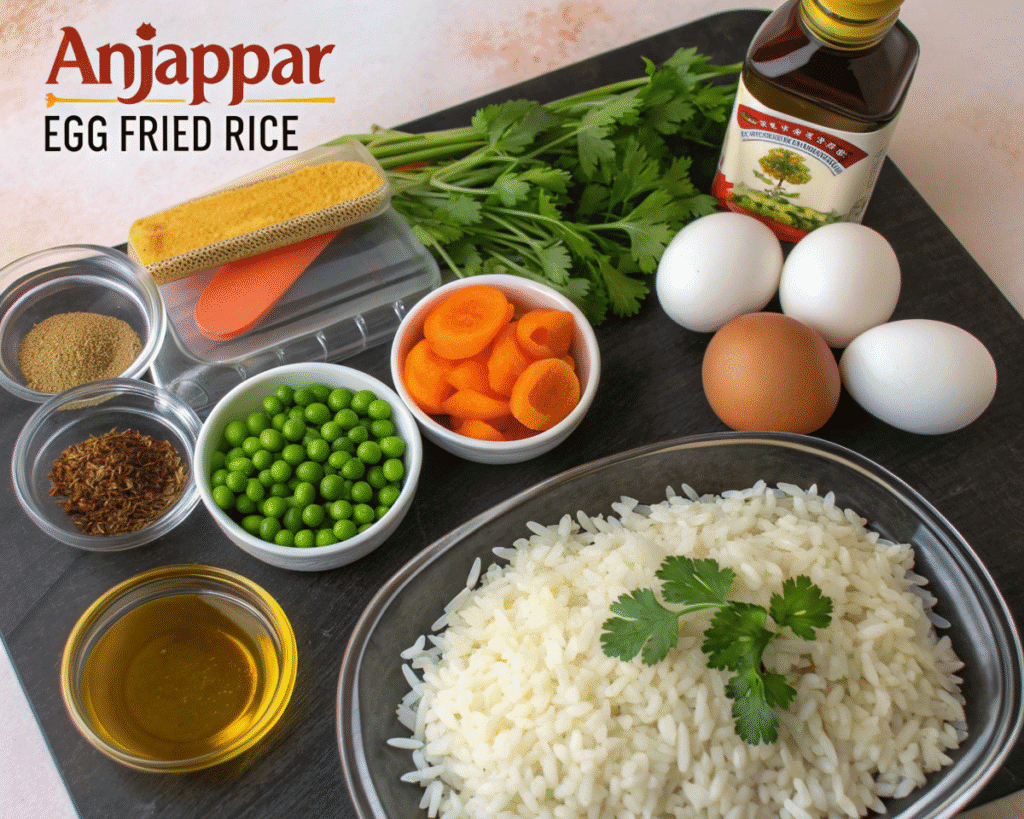 Ingredients for Anjappar Egg Fried Rice, including rice, eggs, carrots, green peas, spices, and fresh cilantro.