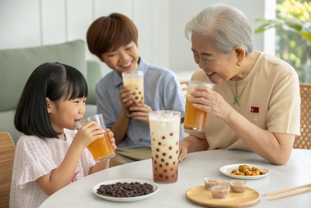A family of three generations enjoying Lotus Seed Honey Drink together at the table.