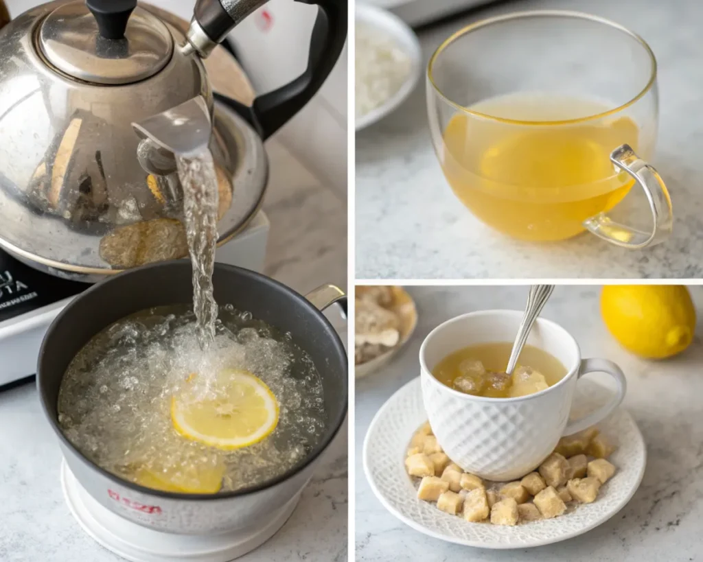 Step-by-step collage of preparing Crystallized Ginger Lemon Tea with lemon, ginger, and boiling water.