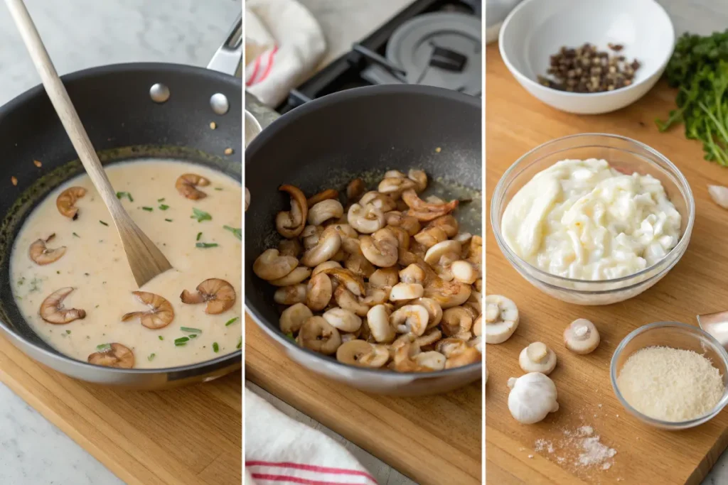 A step-by-step cooking process of shrimp with mushrooms in a skillet, with mashed potatoes and ingredients on the side.