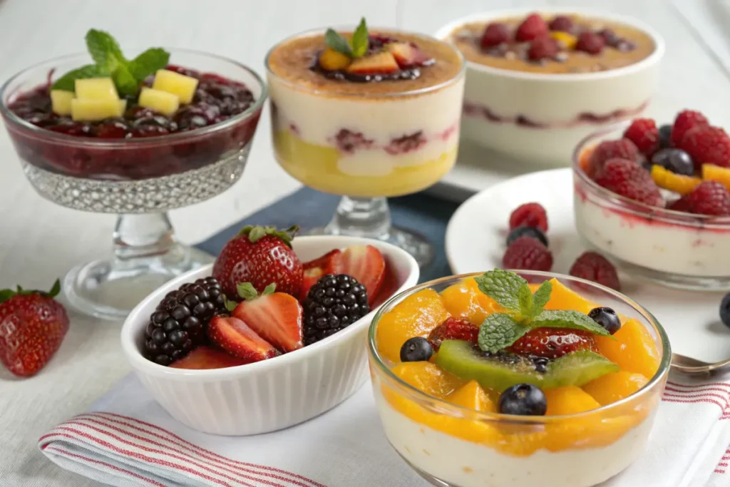 A selection of fruit puddings served in various bowls, topped with fresh fruits like strawberries, blackberries, and kiwi, with mint leaves as garnish.