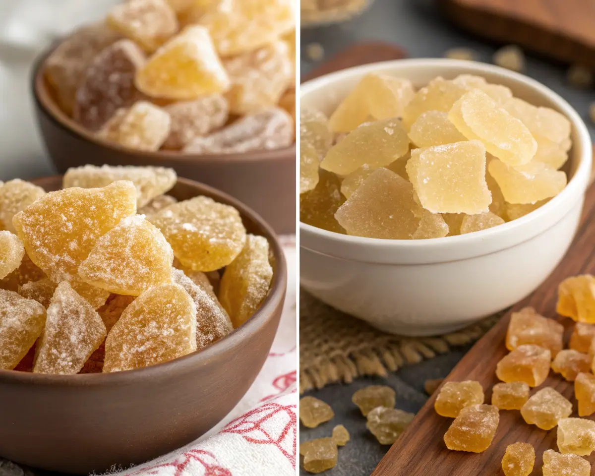 Crystallized ginger pieces with tea and cookies on a wooden tray.