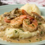 Grilled steak with mushroom gravy served alongside mashed potatoes garnished with parsley.